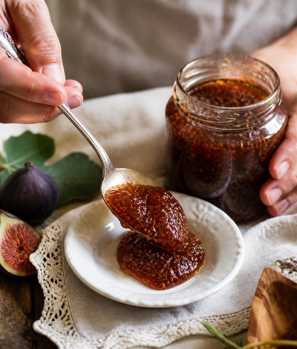 A spoonful of fig gliko lifted from the jar